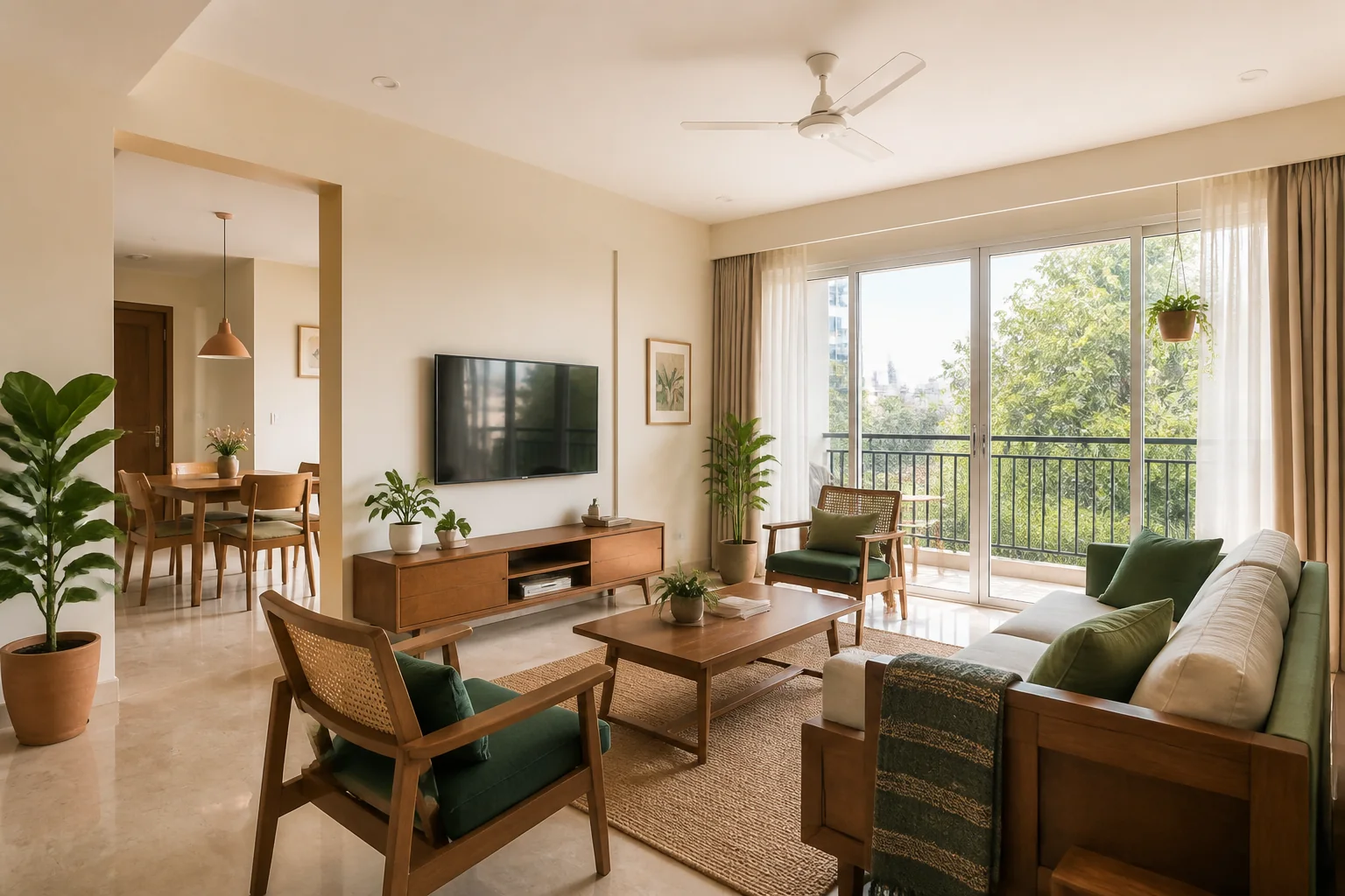 Generated demo image of a bright Bengaluru apartment living room